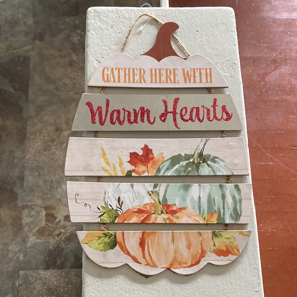 NWT Beautiful Slatted Wood Gather Here With Warm Hearts Glitter Pumpkin Sign - Picture 3 of 9